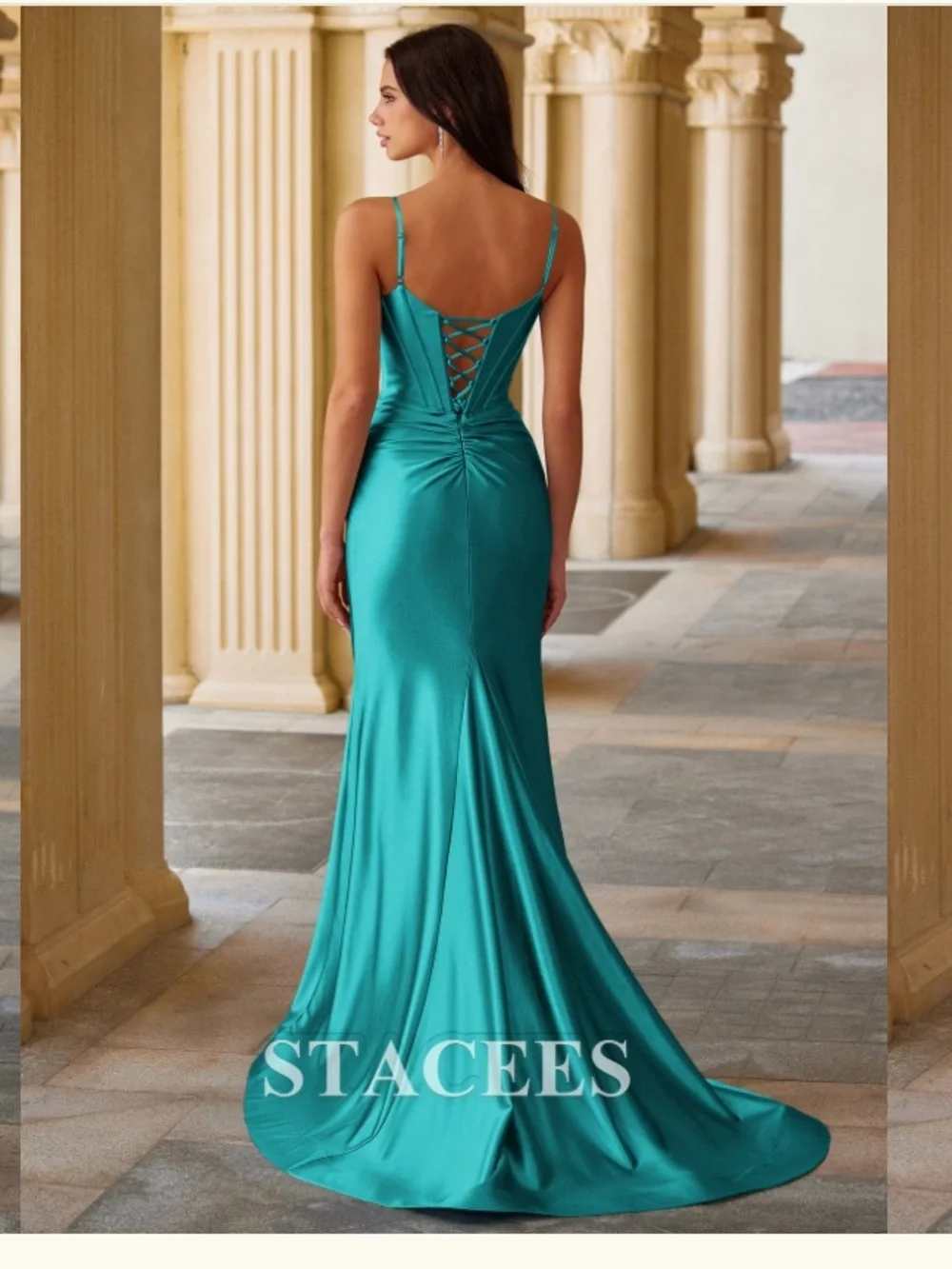 NWT | Stacees | Mermaid Teal Spaghetti Strap Ruched Corset Prom Dress with Slit - Picture 5 of 5